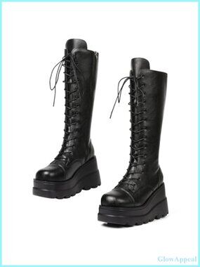 Chunky Heeled Faux Leather Goth Platform Combat Boots